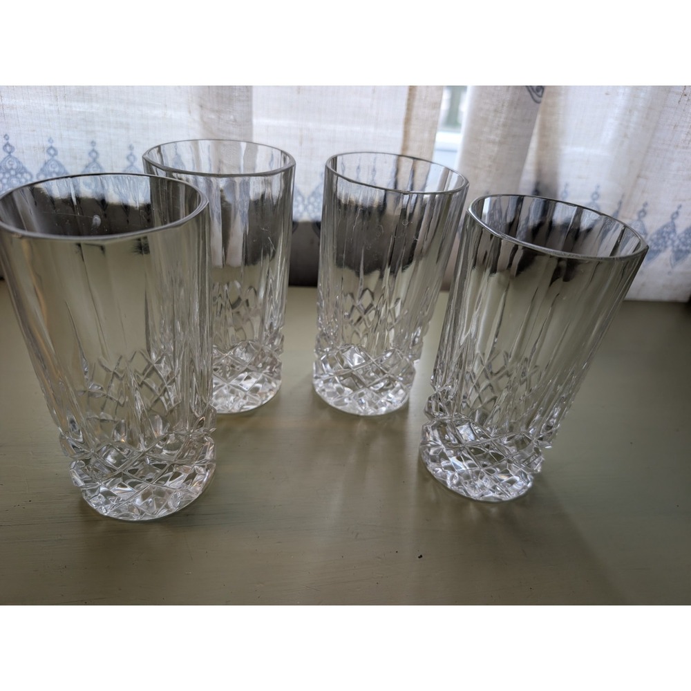 Vintage Heavy Pressed Glass Highball Tumblers Diamond Cut Pattern Set of 4